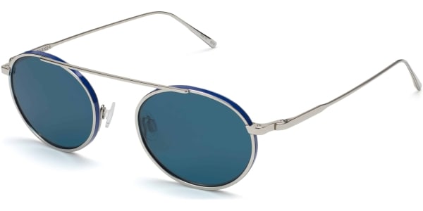 Angle View Image of Corwin Sunglasses Collection, by Warby Parker Brand, in Polished Silver with Matte Blue Color